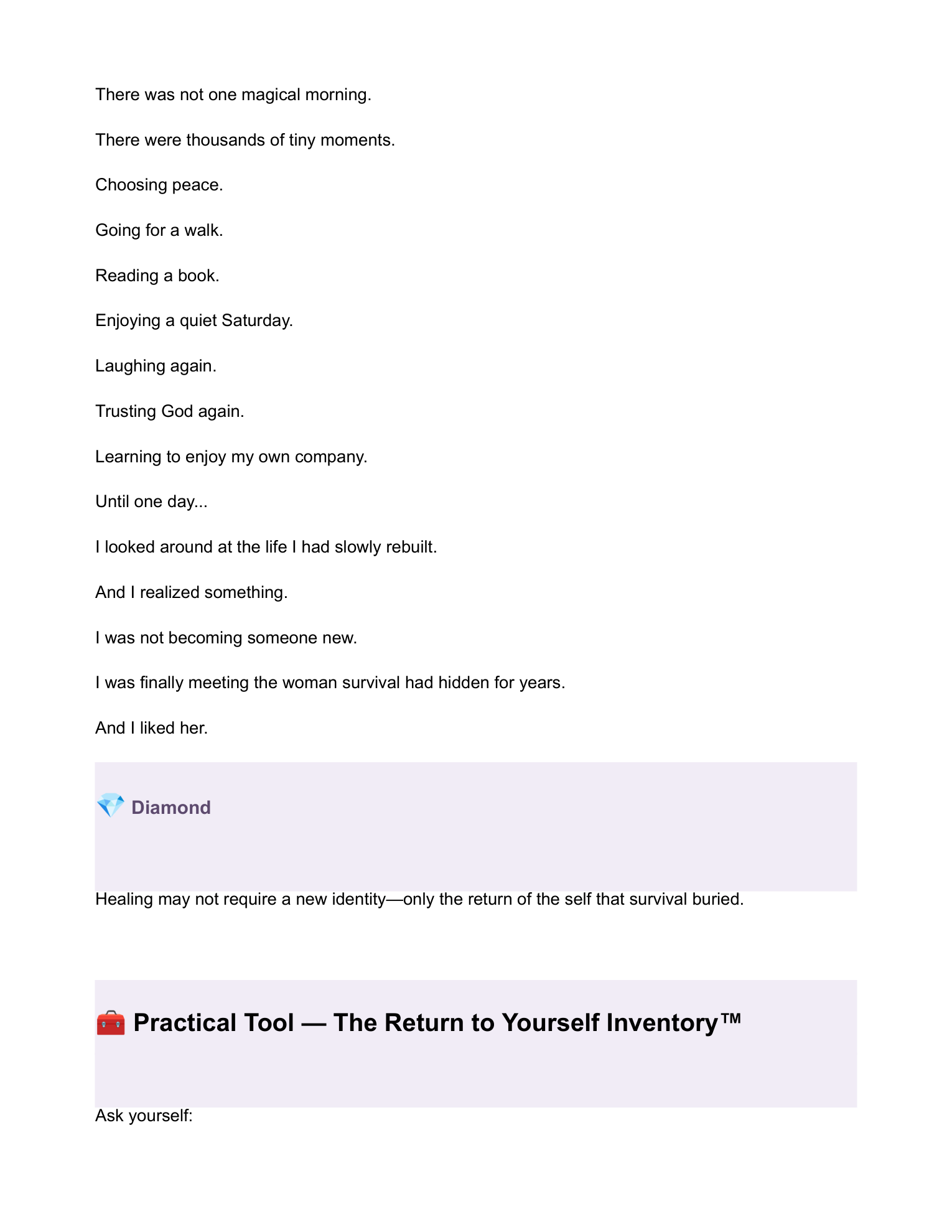 Interior preview: The Return to Yourself Inventory™ — a practical tool from Trust Yourself Again (p. 83)
