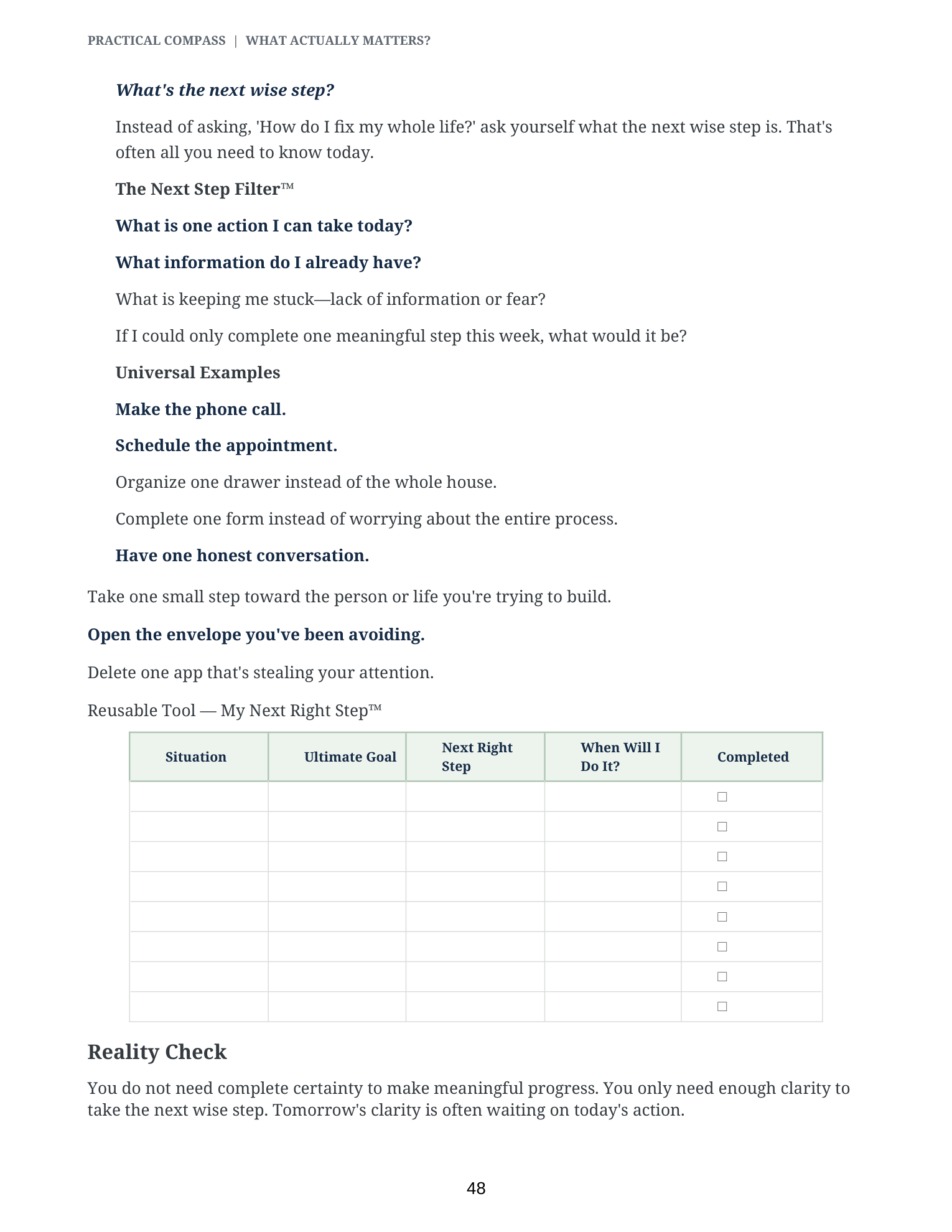 What Actually Matters? interior page — The Next Right Step